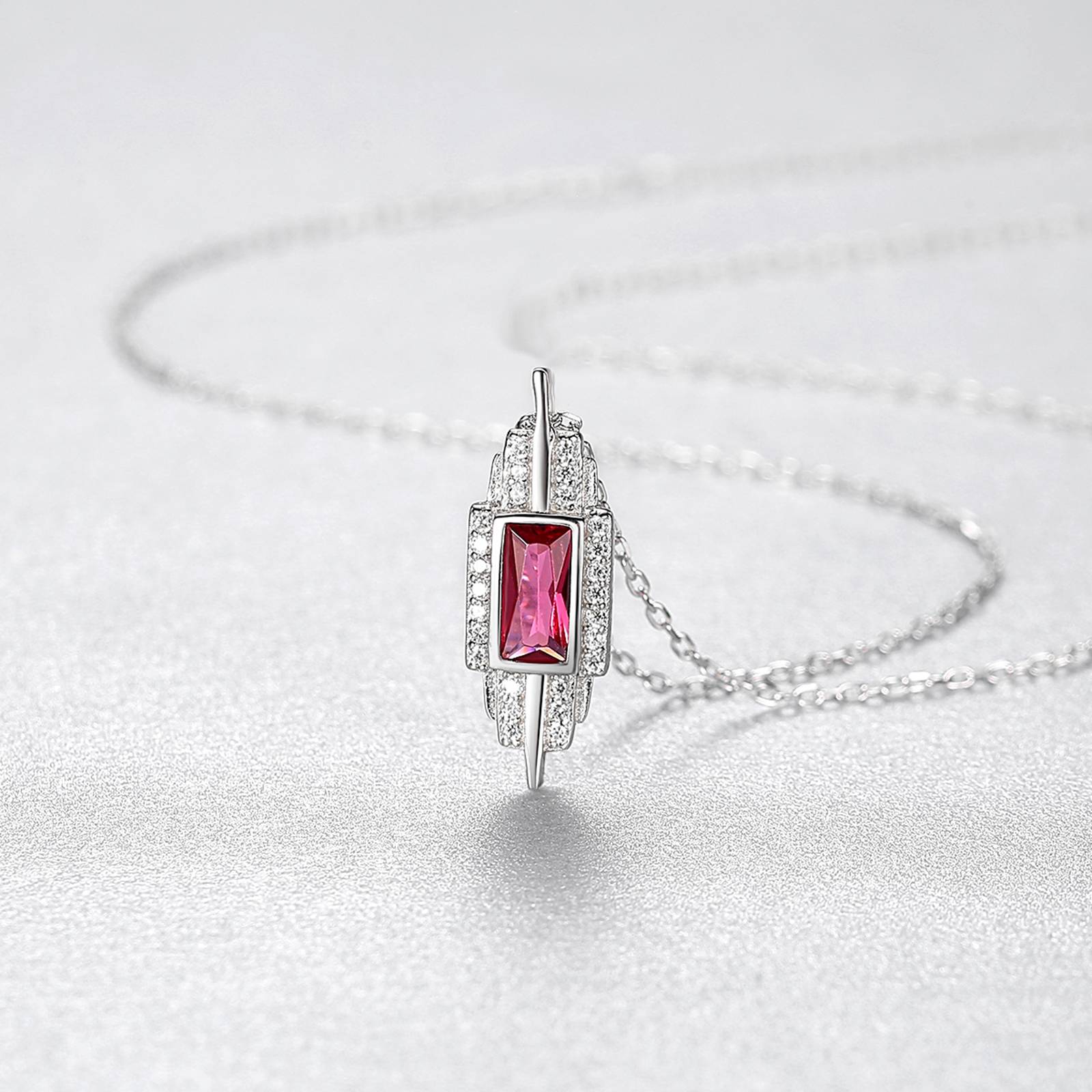 Set din argint colier si cercei elegant geometric cu rubin rosu si cristale zirconiu cesini cadou