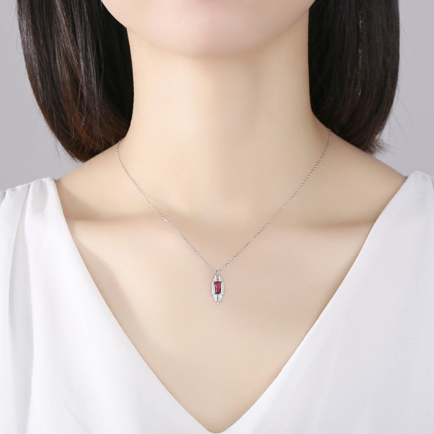 Set din argint colier si cercei elegant geometric cu rubin rosu si cristale zirconiu cesini femei