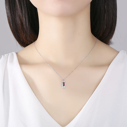 Set din argint colier si cercei elegant geometric cu rubin rosu si cristale zirconiu cesini femei