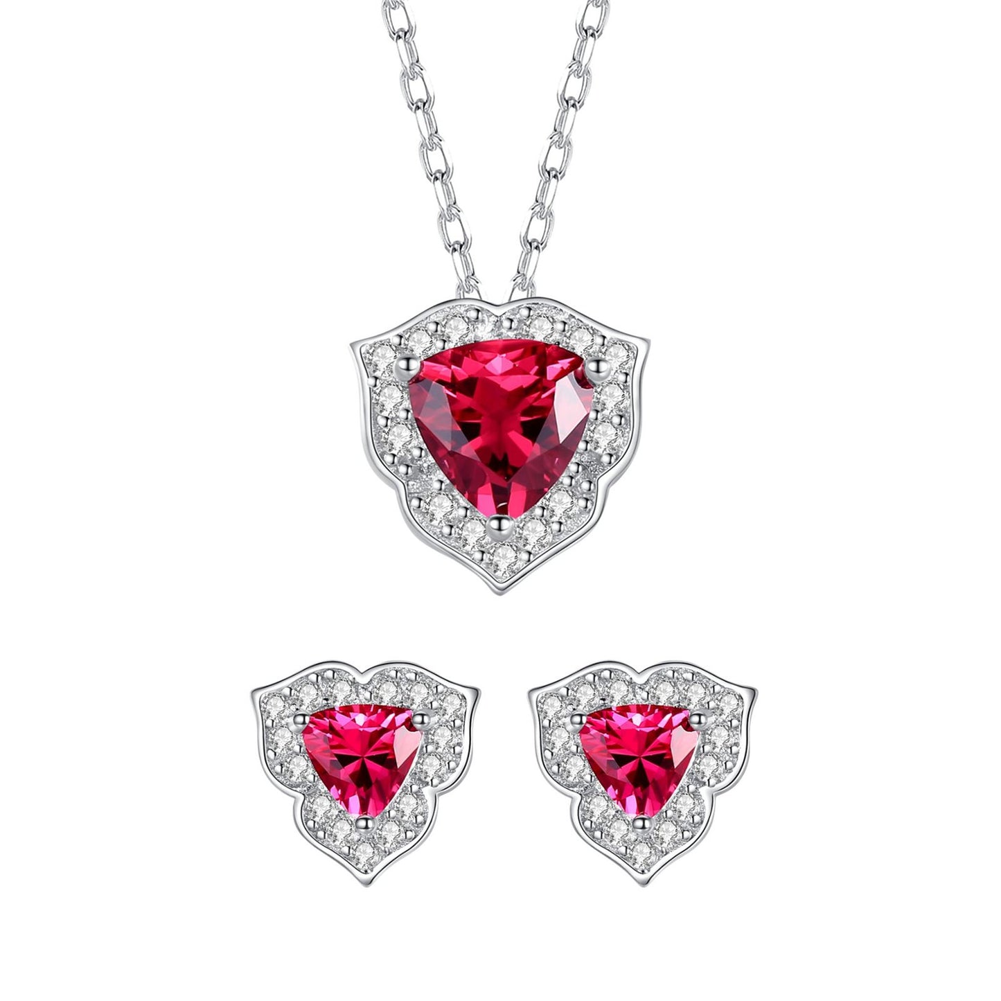 Set din argint elegant colier si cercei inima cu rubin rosu si cristale zirconiu cesini