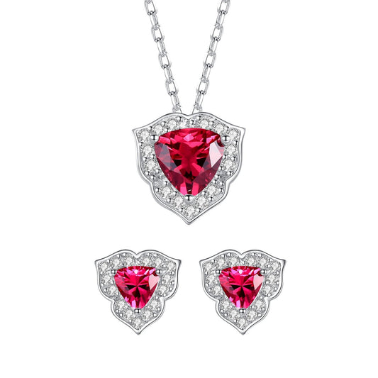 Set din argint elegant colier si cercei inima cu rubin rosu si cristale zirconiu cesini