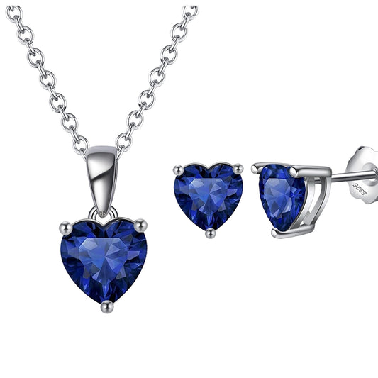 Set din argint elegant colier si cercei cu inima si safir albastru cesini