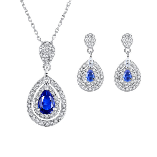 Set din argint elegant colier si cercei cu safir albastru si cristale zirconiu cesini