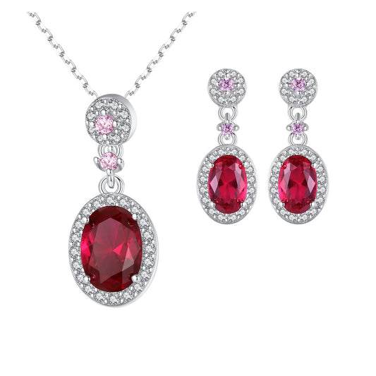 Set din argint elegant oval colier si cercei cu rubin rosu si cristale zirconiu cesini