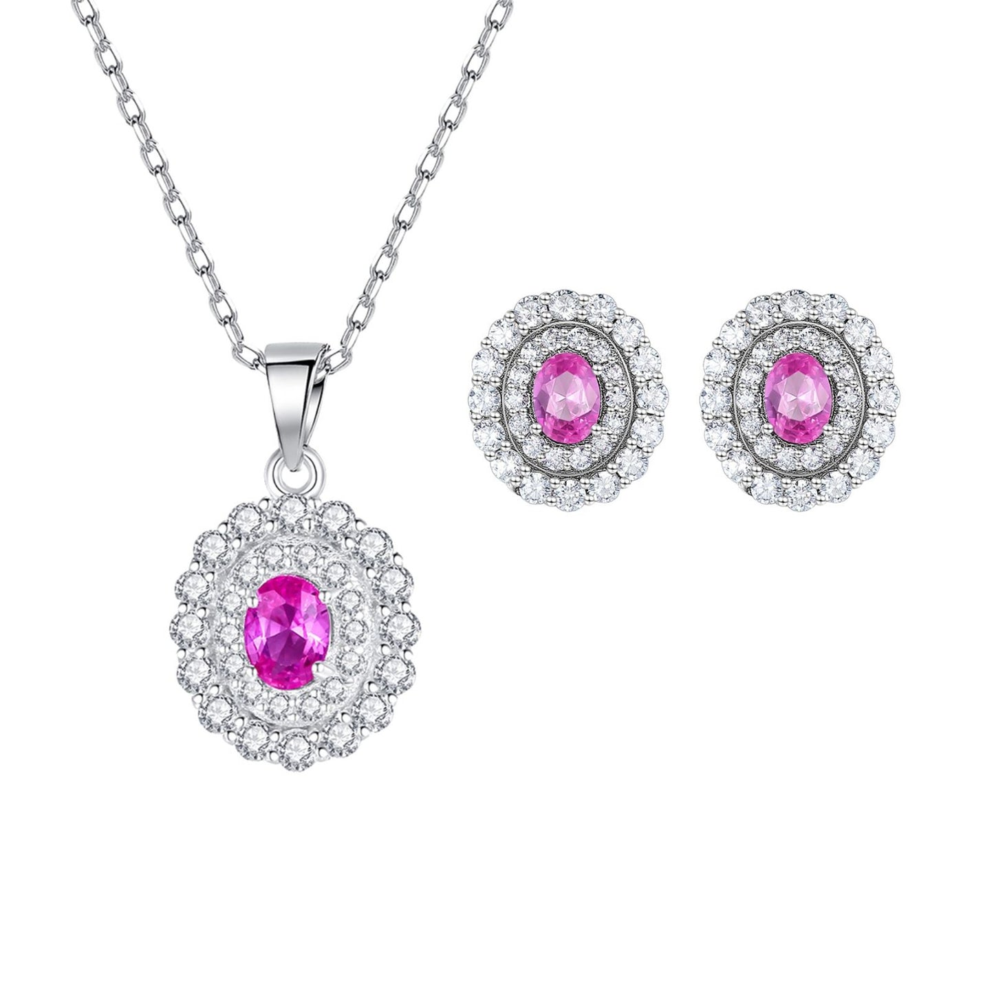 Set din argint rotund elegant colier si cercei cu safir roz si cristale zirconiu cesini