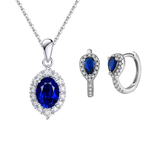 Set din argint elegant lacrima oval colier si cercei cu safir albastru si cristale zirconiu cesini