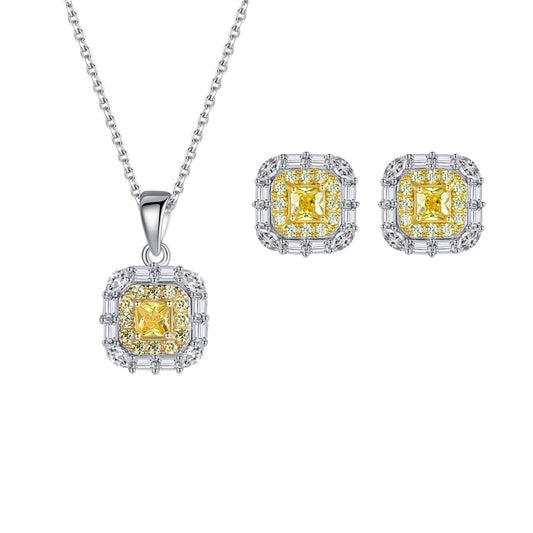 Set din argint elegant patrat colier si cercei cu citrin si cristale zirconiu cesini