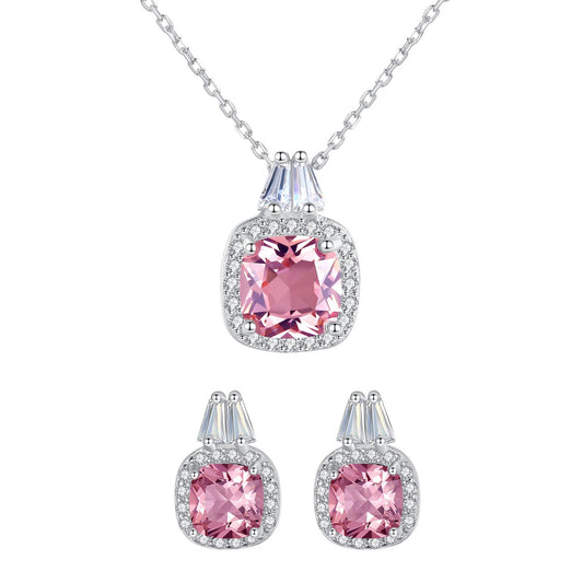 Set din argint elegant patrat colier si cercei cu morganit si cristale zirconiu cesini