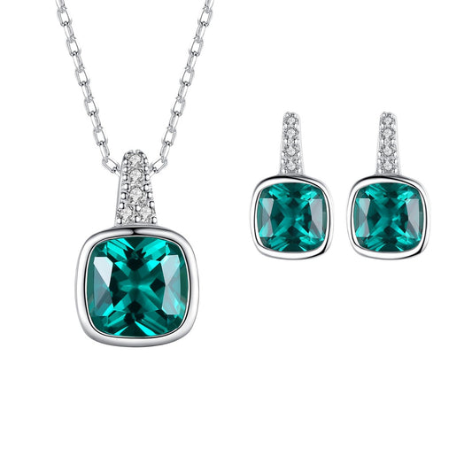 Set din argint elegant patrat colier si cercei cu smarald verde si cristale zirconiu cesini