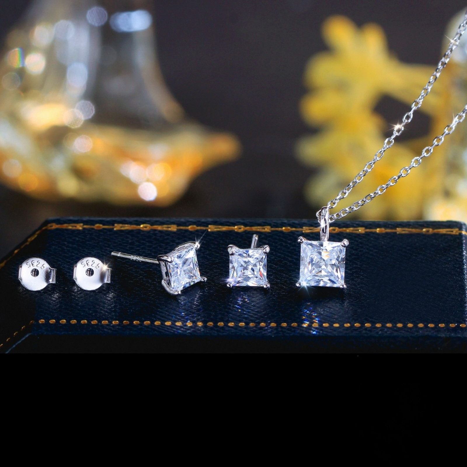 Set din argint elegant patrat colier si cercei cu cristale zirconiu cesini cadou