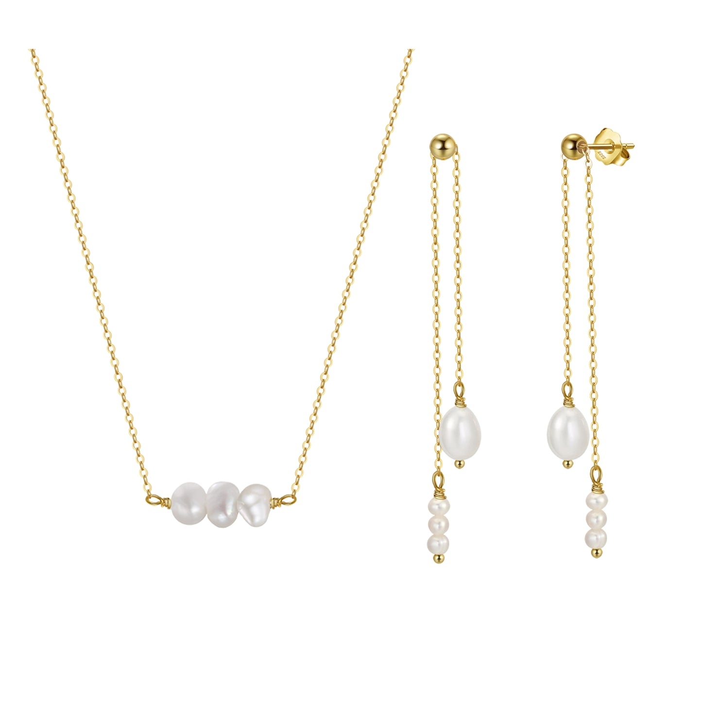 Set din argint elegant placat cu aur colier si cercei cu perle naturale cesini