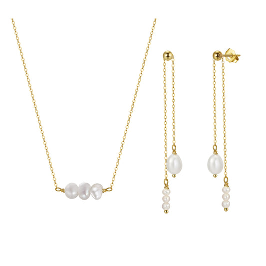 Set din argint elegant placat cu aur colier si cercei cu perle naturale cesini