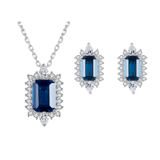 Set din argint colier si cercei elegant rectangular cu safir albastru si cristale zirconiu cesini