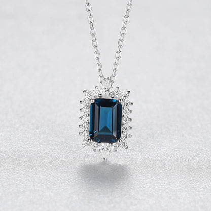Set din argint colier si cercei elegant rectangular cu safir albastru si cristale zirconiu cesini colier cadou