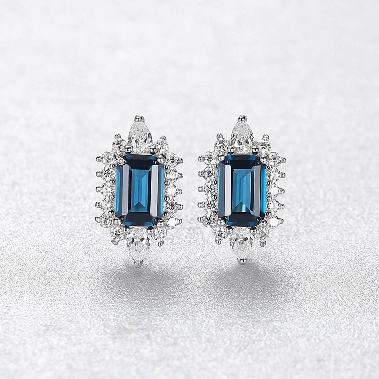Set din argint colier si cercei elegant rectangular cu safir albastru si cristale zirconiu cesini cercei cadou