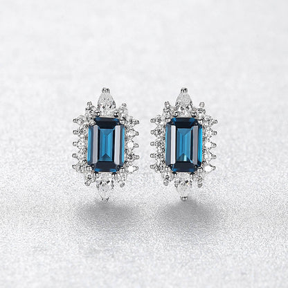 Set din argint colier si cercei elegant rectangular cu safir albastru si cristale zirconiu cesini cercei cadou