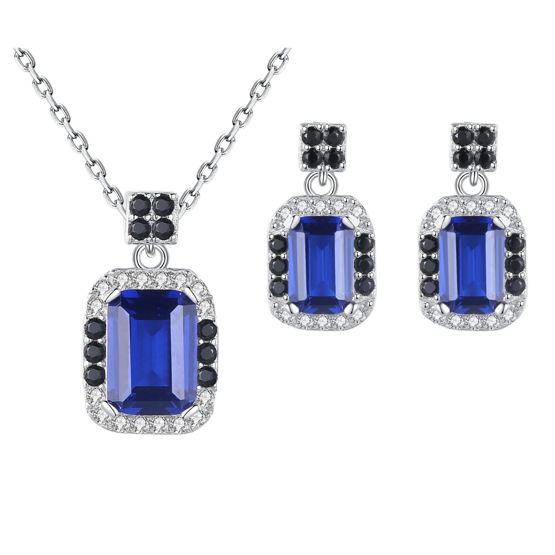 Set din argint colier si cercei rectangular cu safir albastru si zirconiu cesini