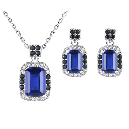 Set din argint colier si cercei rectangular cu safir albastru si zirconiu cesini