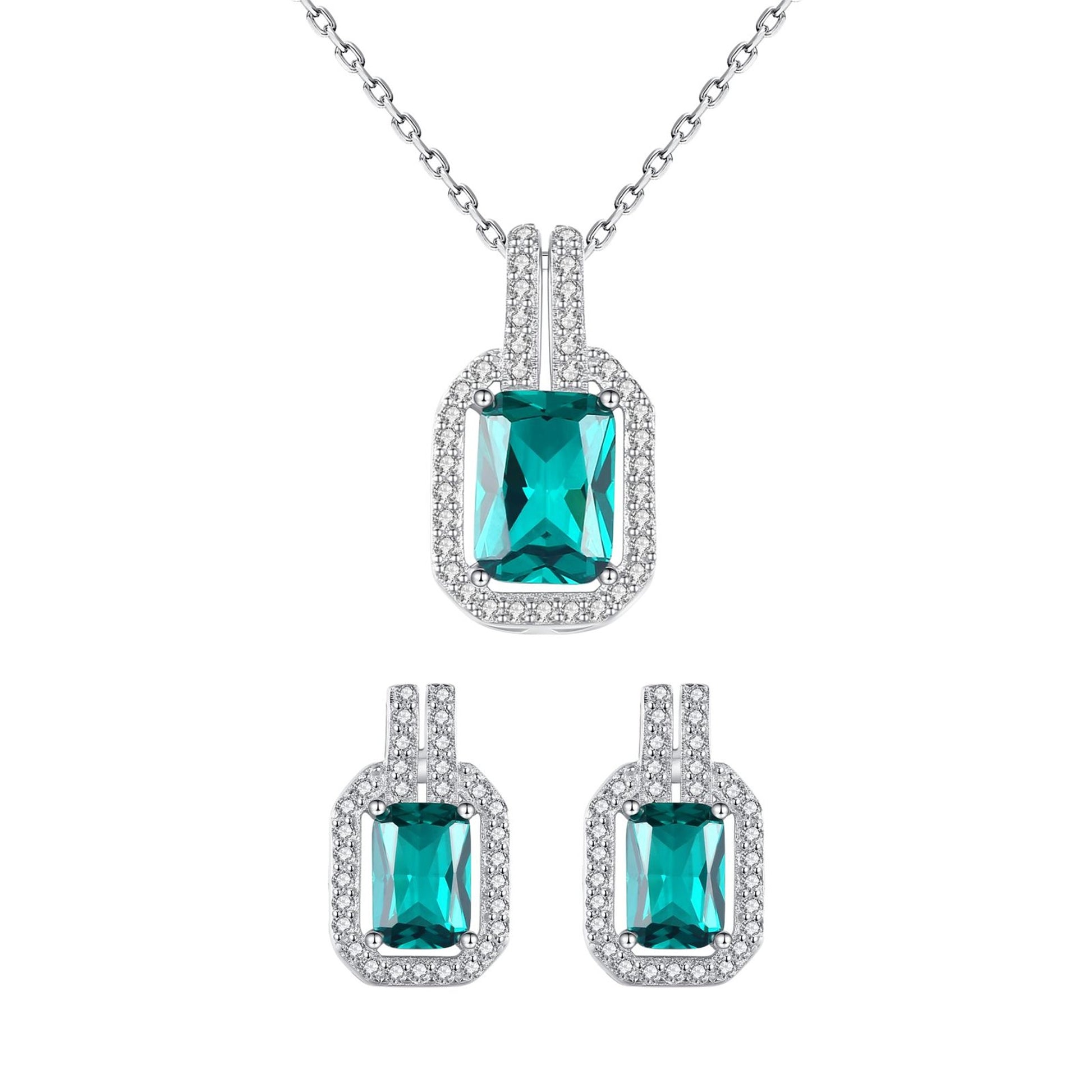 Set din argint elegant rectangular colier si cercei cu smarald verde si cristale zirconiu cesini