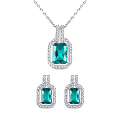 Set din argint elegant rectangular colier si cercei cu smarald verde si cristale zirconiu cesini