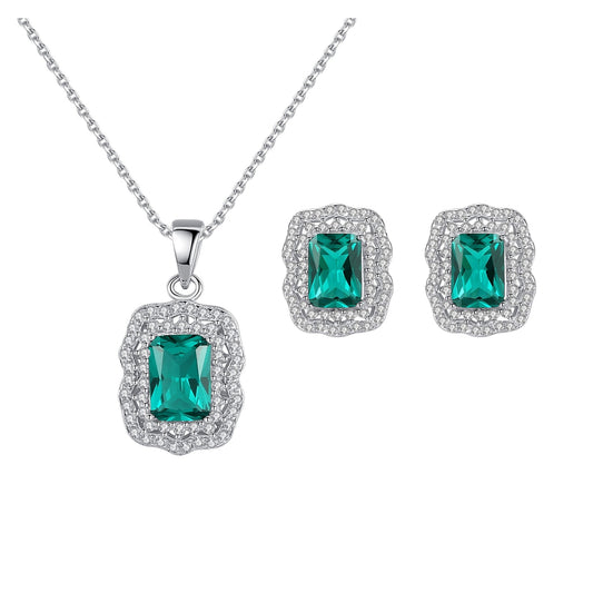 Set din argint colier si cercei elegant cu smarald verde si cristale zirconiu cesini