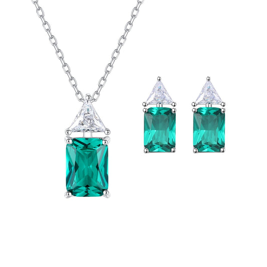 Set din argint elegant rectangular colier si cercei cu smarald verde si cristale zirconiu cesini
