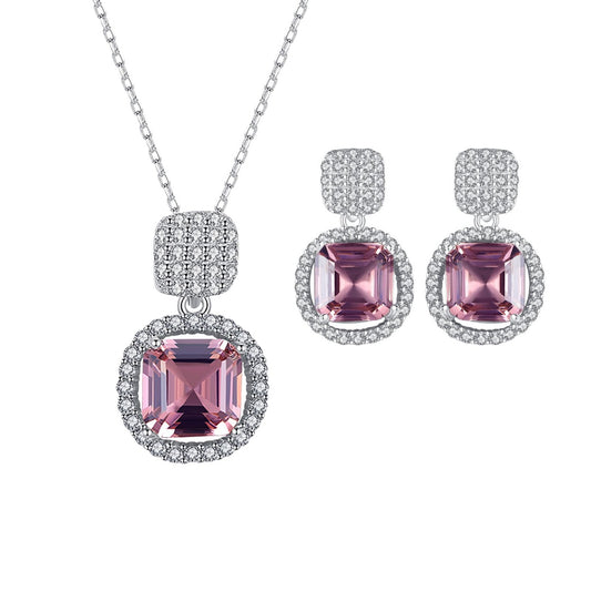 Set din argint elegant rotund colier si cercei cu morganit si cristale zirconiu cesini