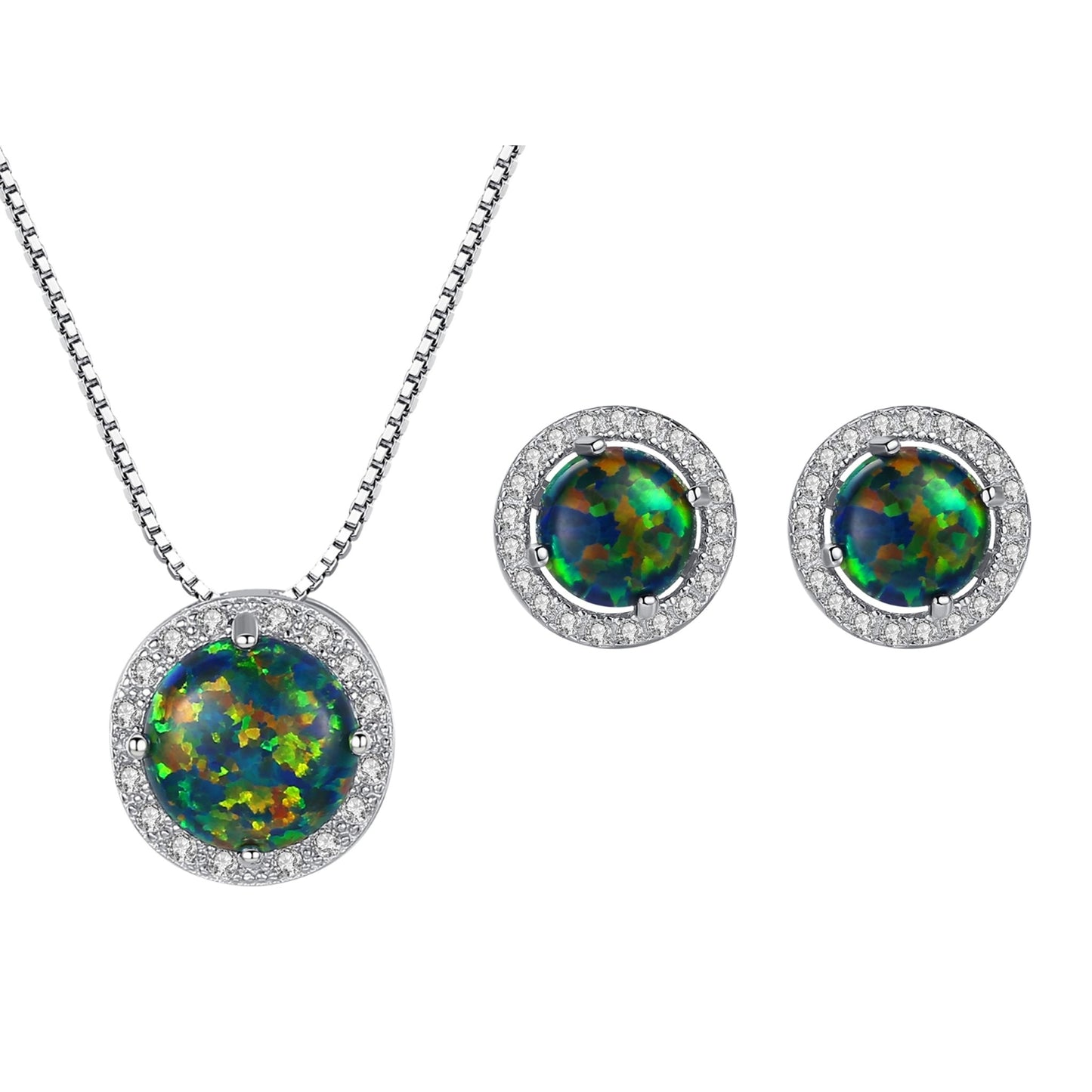 Set din argint colier si cercei rotund cu opal si zirconiu cesini