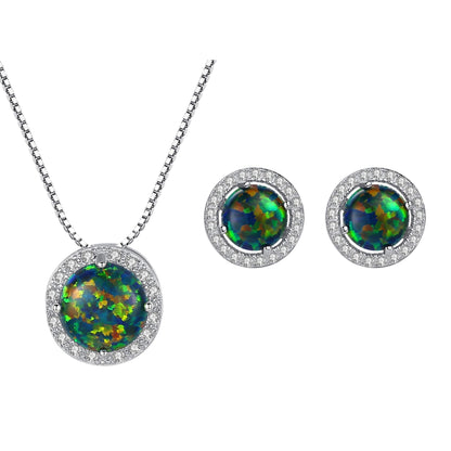 Set din argint colier si cercei rotund cu opal si zirconiu cesini