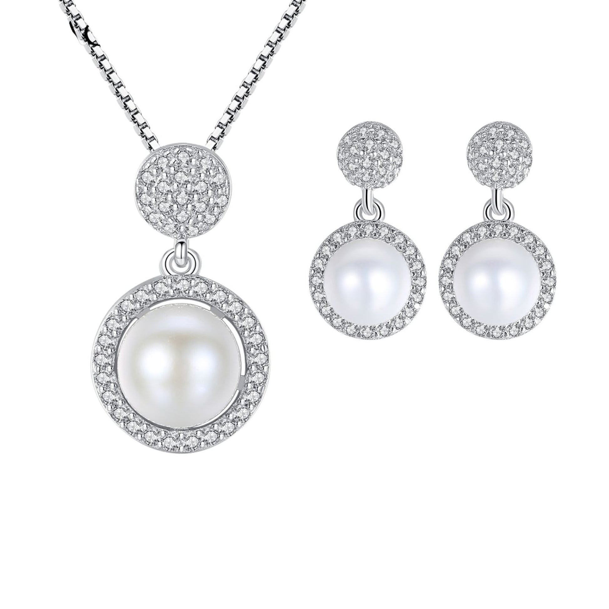 Set din argint rotund elegant colier si cercei cu perle naturale si cristale zirconiu cesini