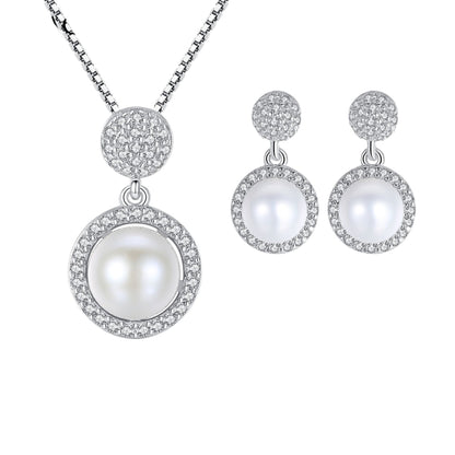 Set din argint rotund elegant colier si cercei cu perle naturale si cristale zirconiu cesini