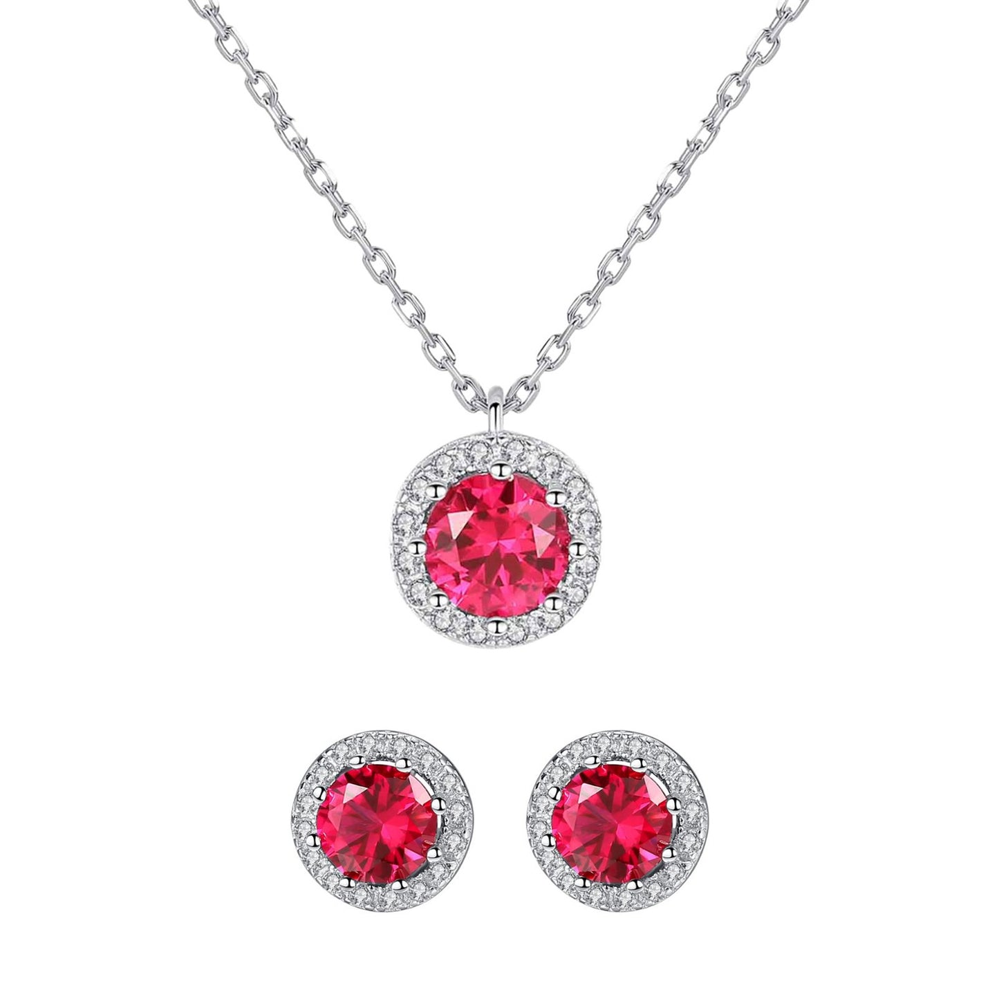Set din argint rotund elegant colier si cercei cu rubin rosu si cristale zirconiu cesini