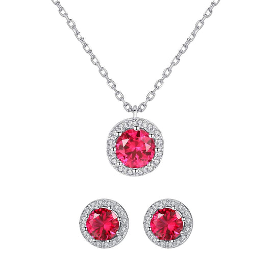 Set din argint rotund elegant colier si cercei cu rubin rosu si cristale zirconiu cesini