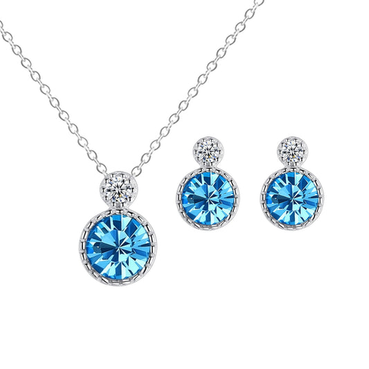 Set din argint elegant rotund colier si cercei cu safir albastru si cristale zirconiu cesini