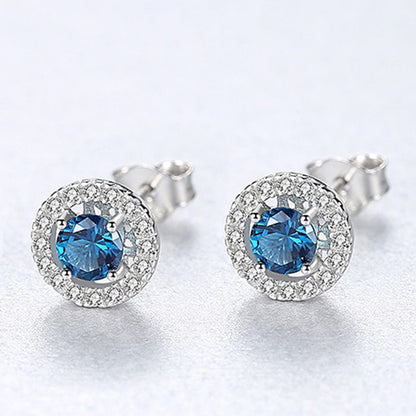 Set din argint colier si cercei elegant rotund cu safir albastru si cristale zirconiu cesini cercei cadou