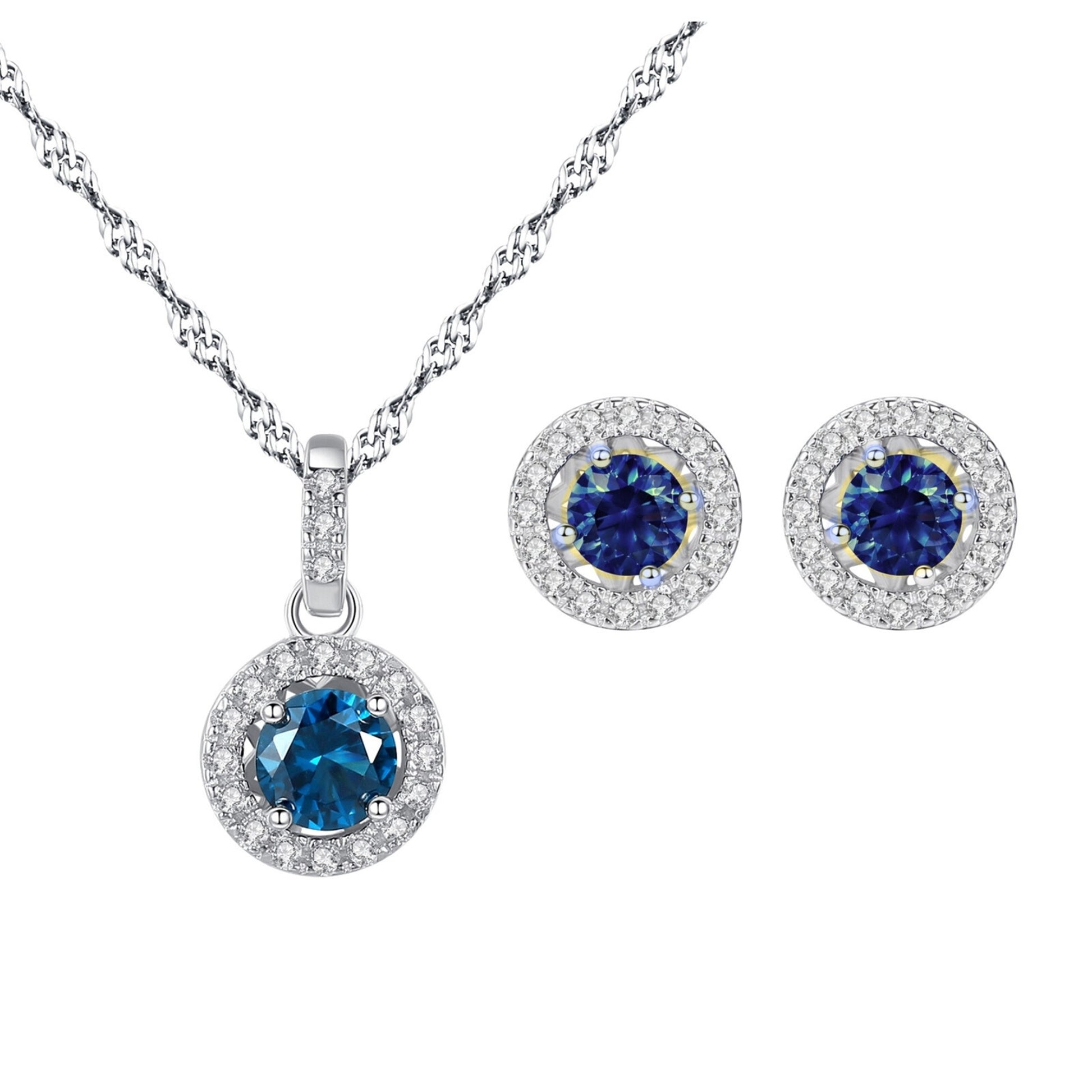 Set din argint colier si cercei elegant rotund cu safir albastru si cristale zirconiu cesini