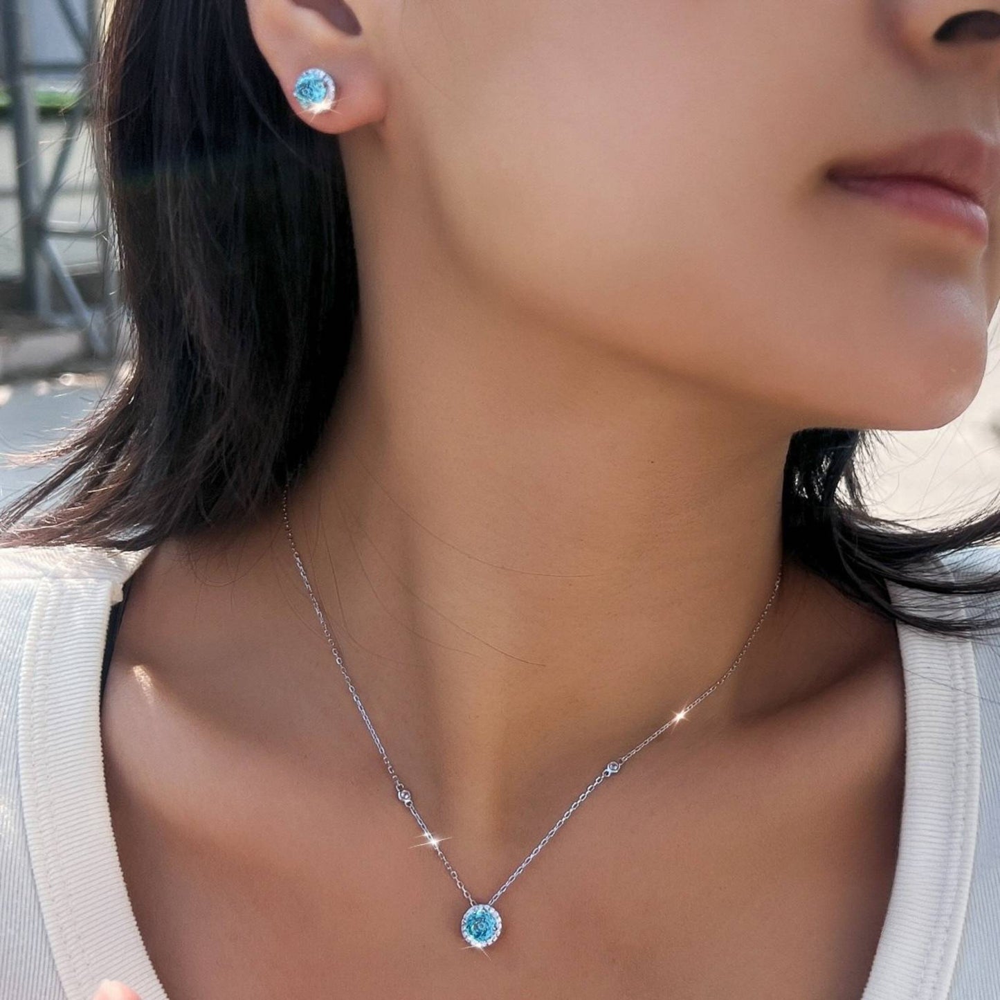 Set din argint colier si cercei rotund elegant cu topaz si cristale zirconiu cesini femei