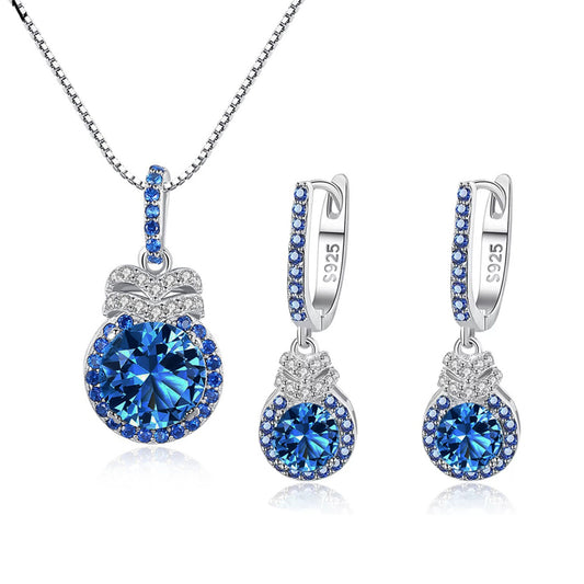 Set din argint elegant colier si cercei cu safir albastru si cristale zirconiu cesini