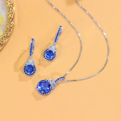 Set din argint elegant colier si cercei cu safir albastru si cristale zirconiu cesini cadou