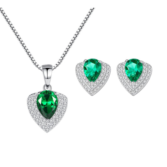 Set din argint colier si cercei elegant cu smarald verde si cristale zirconiu cesini