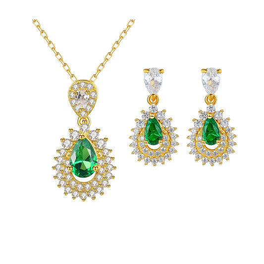 Set din argint colier si cercei placat cu aur elegant cu smarald verde si cristale zirconiu cesini