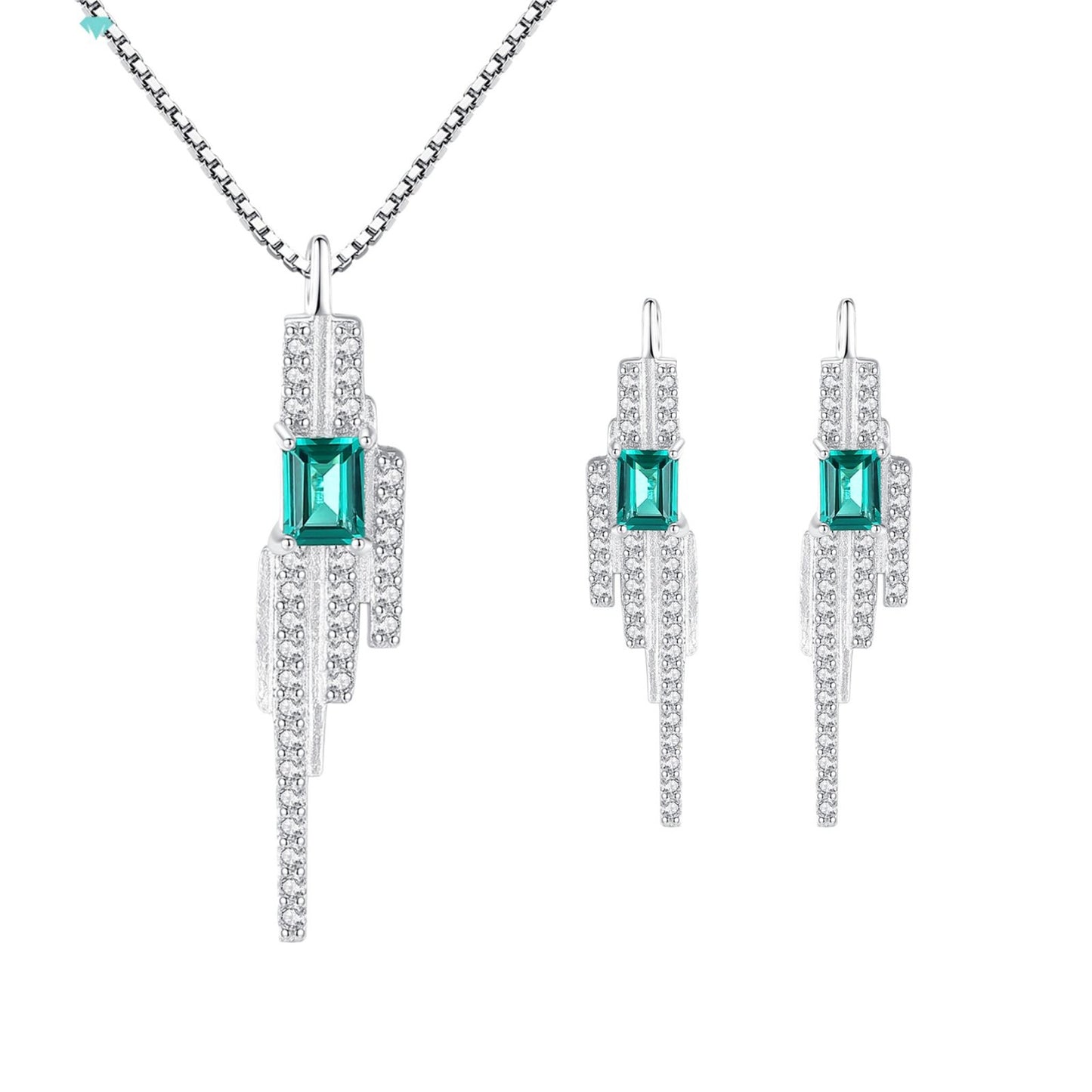 Set din argint elegant colier si cercei cu smarald verde si cristale zirconiu cesini