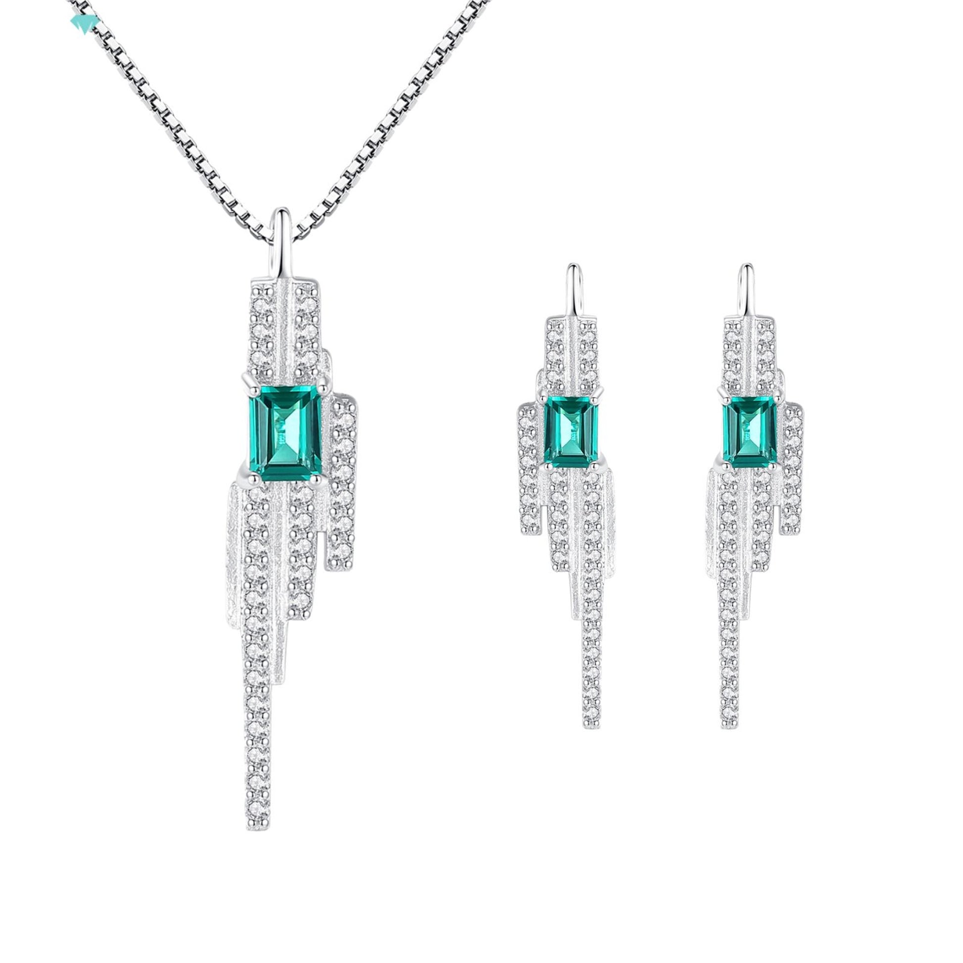 Set din argint elegant colier si cercei cu smarald verde si cristale zirconiu cesini
