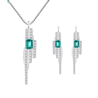 Set din argint elegant colier si cercei cu smarald verde si cristale zirconiu cesini
