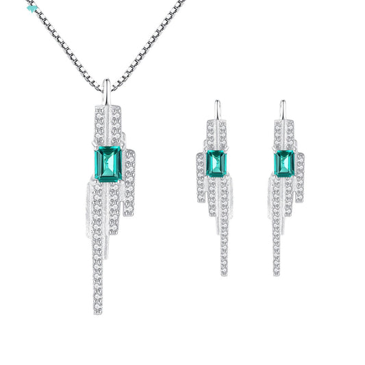 Set din argint elegant colier si cercei cu smarald verde si cristale zirconiu cesini