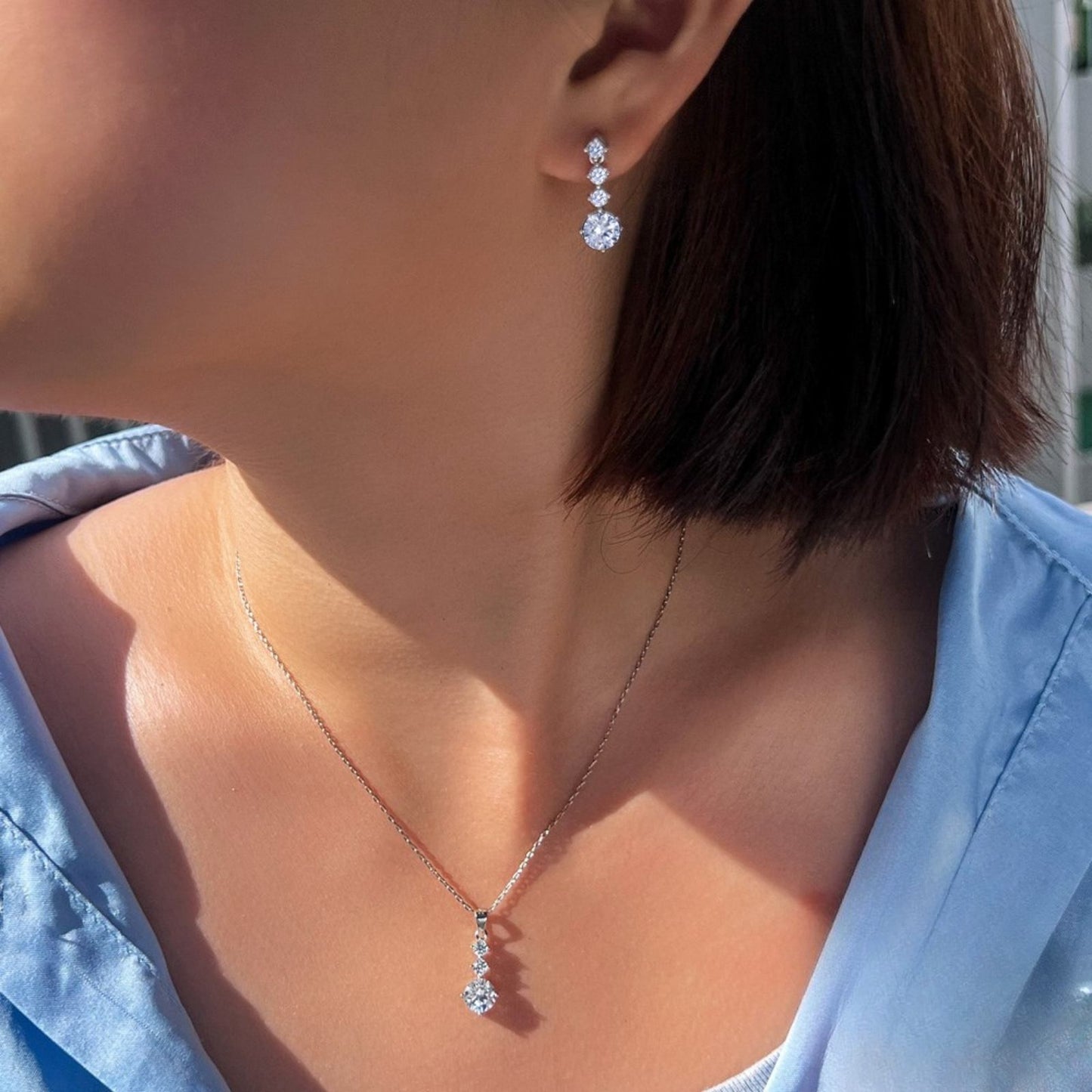 Set din argint elegant lung colier si cercei cu cristale zirconiu cesini femei