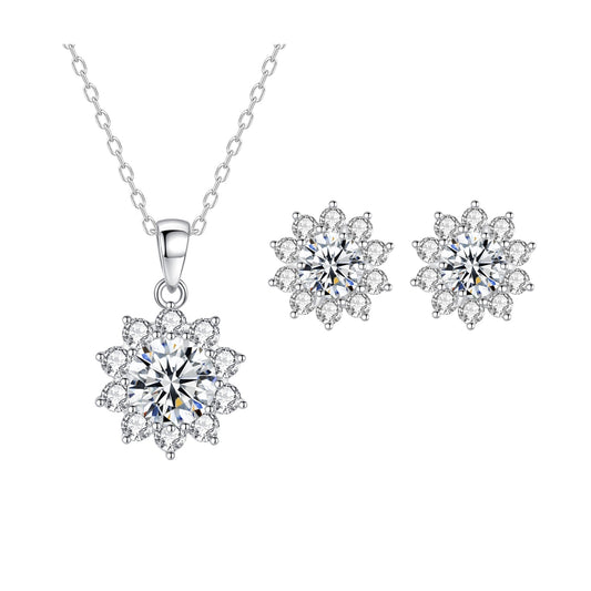Set din argint colier si cercei elegant floare cu moissanite cesini