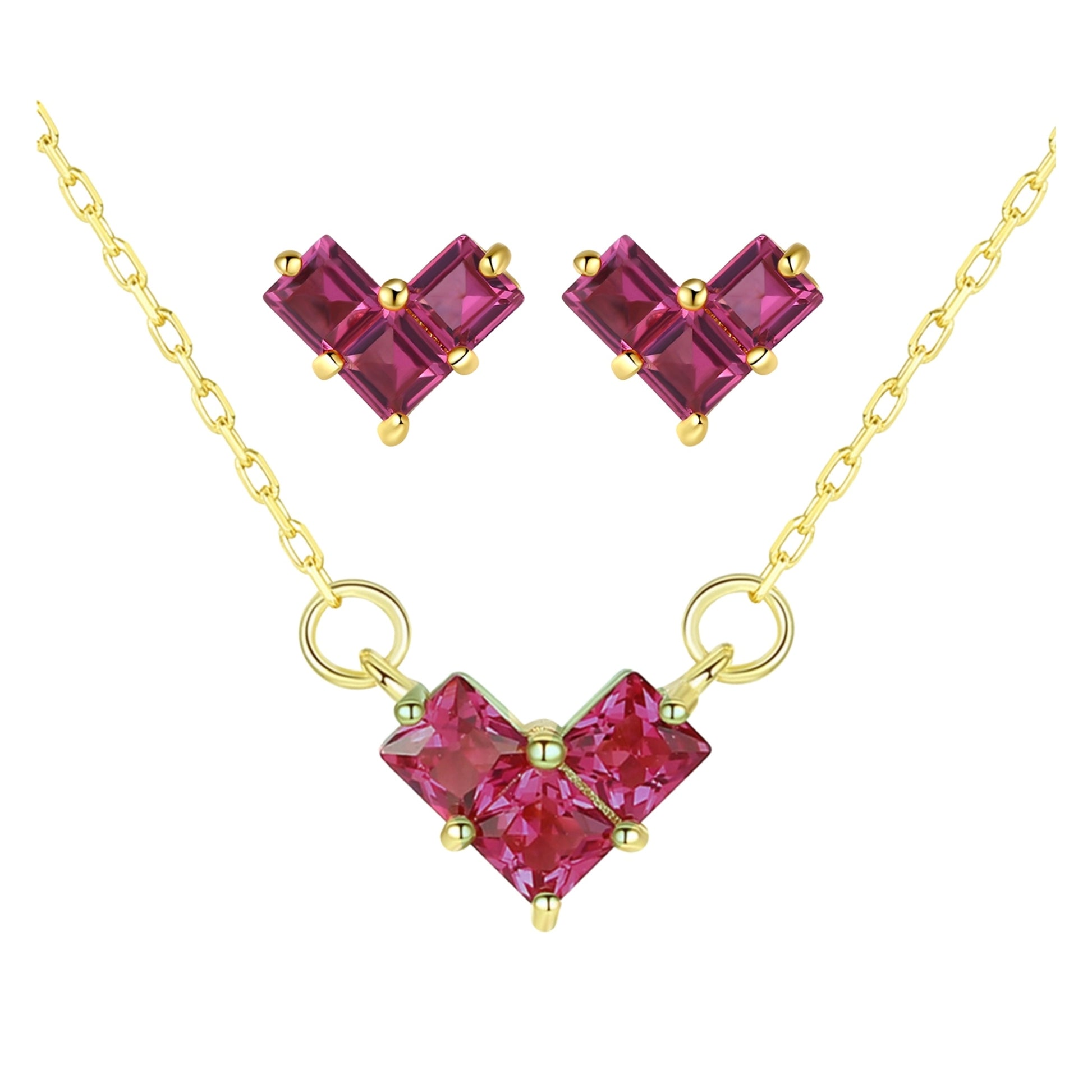 Set din argint colier si cercei elegant placat cu aur cu rubin rosu cesini
