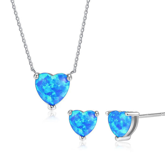Set din argint colier si cercei inima cu opal cesini