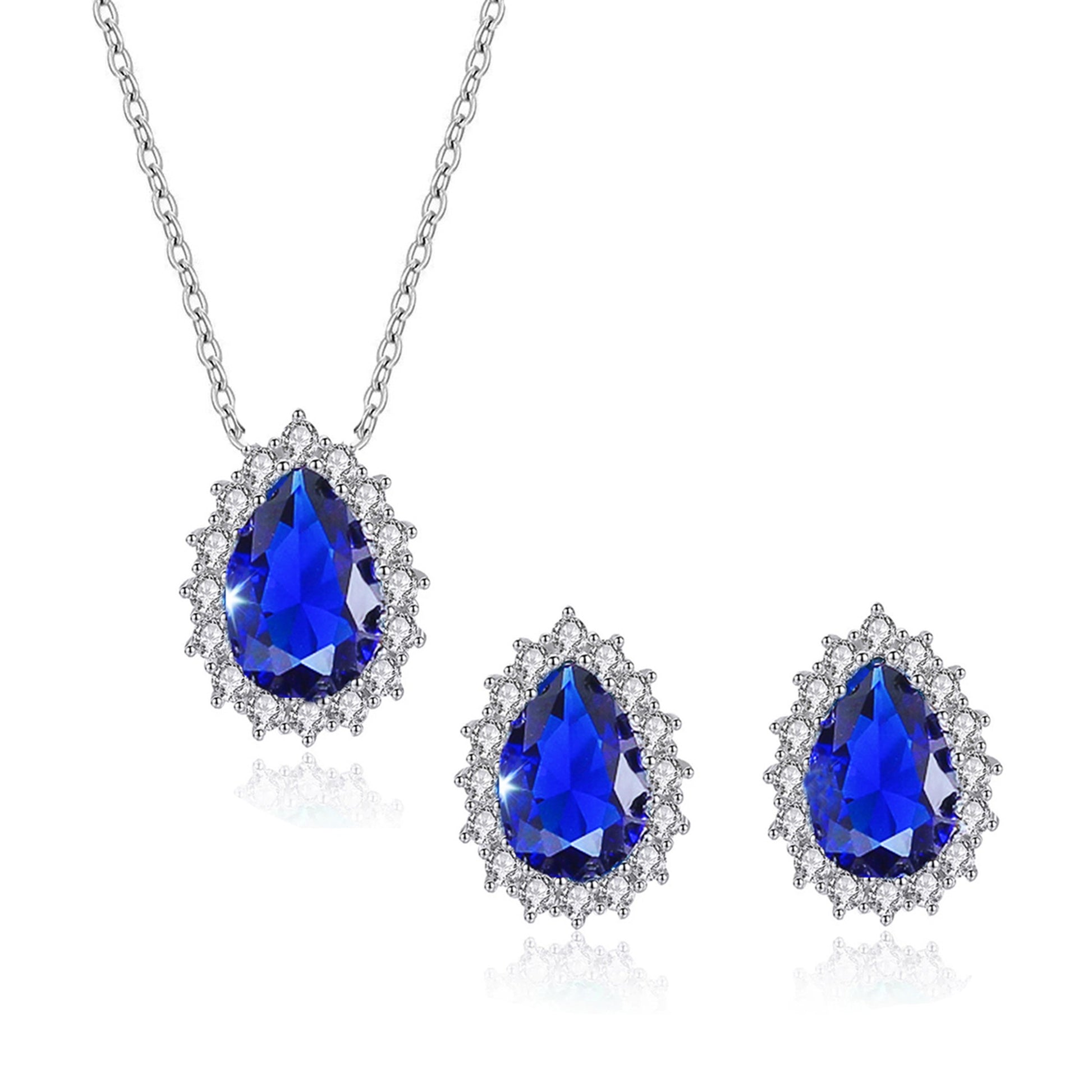 Set din argint colier si cercei lacrima cu safir albastru si zirconiu cesini